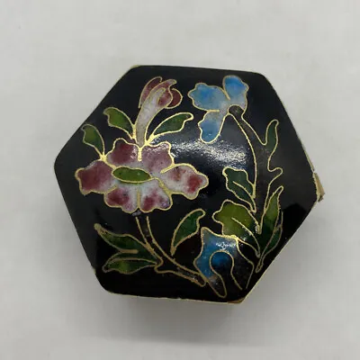 Vintage Small Brass Enameled Hexagonal Trinket Pill Box Floral Cloisonne Pattern • $14.99