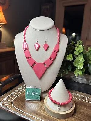 Jay King Sterling Strawberry Pink Coral Necklace Earrings & Bracelet Set • $225