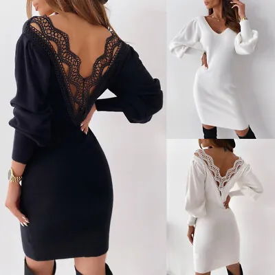 £11.59 • Buy Womens Lace Backless Puff Sleeve T-shirt Dress Ladies V Neck Mini Casual Dresses