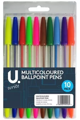 10Pc MULTICOLOURED BALLPOINT BIRO PEN SET Fine Medium Bright Colourful Ink Write • £2.65