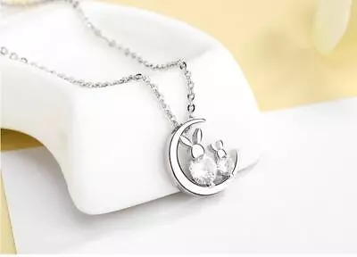 Lover Couple Double Rabbit & Moon Silver Pave Cubic Zirconia Pendant Necklace • $9.99