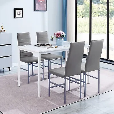 White Marble MDF Top Dining Table & 4pcs Grey Faux Leather Dining Chairs Set • £161.49