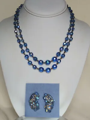 Vtg. Blue A B Crystal Earrings & W Germany 2 Strand Choker Necklace • $23