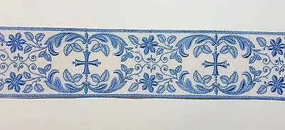 Vintage Religious Cross Design Blue On Off White Banding  3-1/4'' C152 • $12