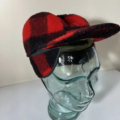 VTG 50s WOOLRICH WOOL TRAPPER CAP HAT RED BLACK BUFFALO PLAID HUNT EARFLAP USA-7 • $19.99