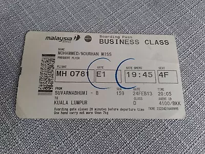 2013  AIRLINES MALAYSIAN AIRLINES  BUINESS CLASS Boarding Pass BK To KL • £8