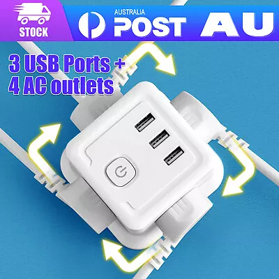AU Cube Power Board Strip 3 USB+4 Socket Outlets Extension Cord Charger Charging • $21.79