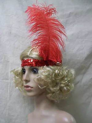 Blonde Charleston Wig & Red Sequin Band Feather Gatsby Roaring 20's Jazz Flapper • $17.95