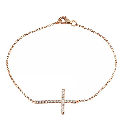 CZ Sideways Cross Bracelet Rose Gold Plate Sterling Silver 925 Christian Baptism • $19.99
