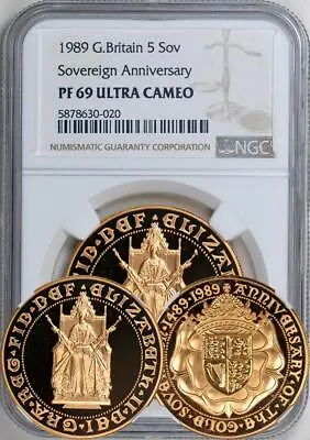 Great Britain 1989 Gold 5 Pounds (500 Years Commem) NGC PF-69 ULTRA CAMEO. RARE! • $6249