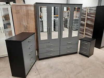 4 Door 6 Drawer Mirrored Wardrobe Bedroom Set - Black/Grey • £559.99