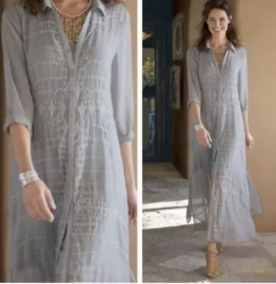 NWOT  Soft Surroundings Shirt Dress Sz M Gray Floral Embroidered Boho Maxi Ibiza • $55