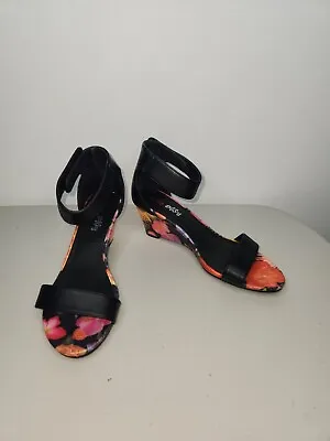 I Love Billy Black & Floral Wedge Heels With Ankle Straps Size 37 • $32.95
