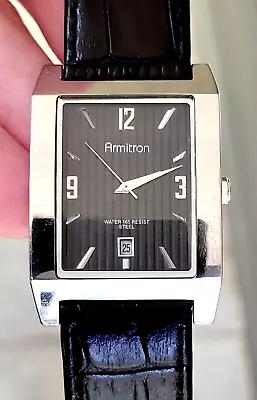 Armitron Tank-Style Men's Watch New Battery Embossed Leather Great Condition • $12.99