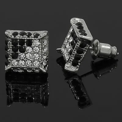 Mens Silver & Black Cubic-Zirconia Cube Hip Hop Micro Pave Stud Earrings • $12.99