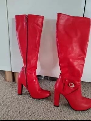 Ladies Knee High Boots Size 3 Red Faux Leather  Vgc Worn Once For Fancy Dress  • £15