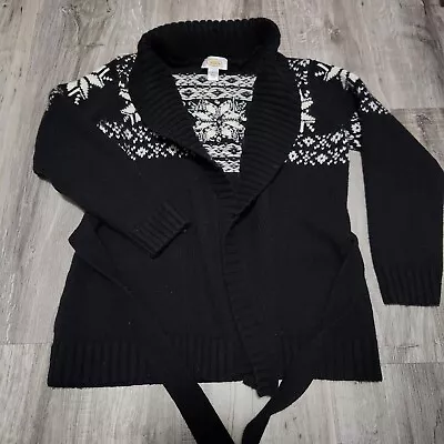 Talbots Womens Sweater L Black Open Front Snowflake Cardigan Vintage Belted • $14.99