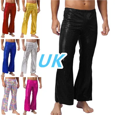 UK Mens Shiny Sequins Bell-Bottoms Pants Nightclub Party Disco Flared Trousers  • £14.69