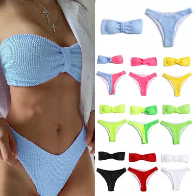 Women Strapless Bandeau Bikini Set Padded Push Up Swimsuit Bathing Suit Swimwear • £9.95
