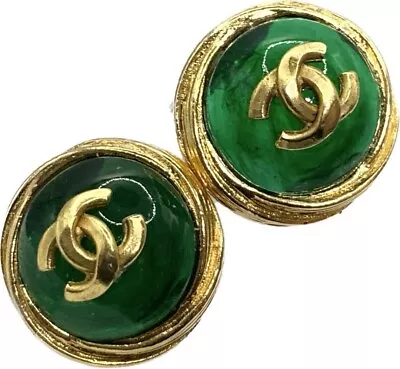 Vintage CHANEL  CC Coco Mark Green Gripoix Gold Plated Round Earrings 0.73 In • $440