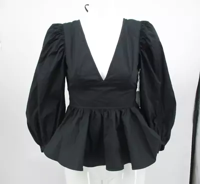 $89.99 • Buy Staud Luna Poplin Top Women's Sz 6 Black Tie Button Back Puff Sleeve Peplum $225