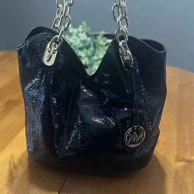 Michael Kors Black Leather Snake Skin Shoulder Bag Purse Gold Accent (F) • $44.99