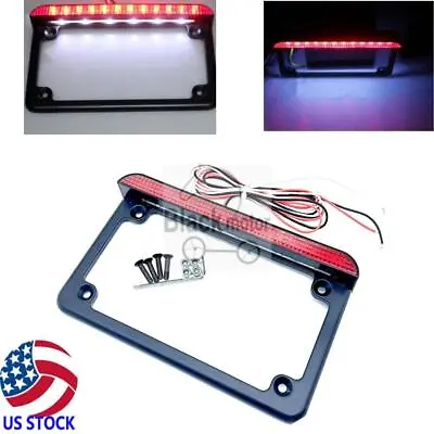 Black Motorcycle Aluminum License Plate Frame W/ LED Brake Tail Light Universal • $18.80