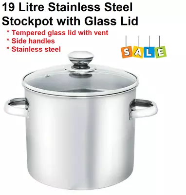 19L Stainless Steel Cooking Pot Stockpot With Glass Lid Vent Handles Large XL • $59