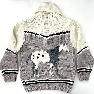 Vtg 50s Mens Large Cowichan Wool Sweater Horses Horseshoes Full Zip Cardigan • $135