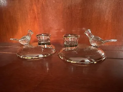 Vintage Pair Of Jeanette Clear Glass Pheasant Candle Stick Holders Good. • $15