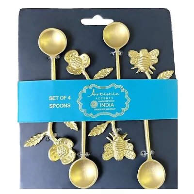 Hammered Steel Gold Coffee Mini Spoons W Bee & Flower Handle By Artistic Accents • $20