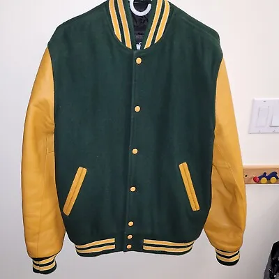 Stewart & Strauss Mens Green Wool/yellow Leather Varsity Jacket Size M Packers  • $71.20