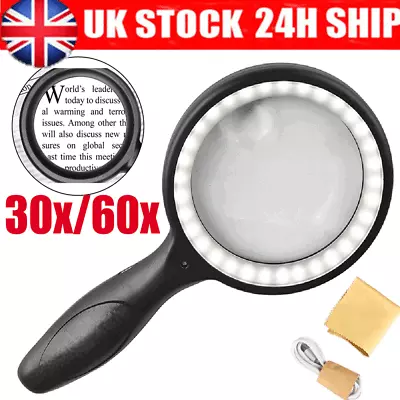 Magnifying Glass 30/60X Handheld Magnifier Reading Jewelry Loupe W/33 LED Light • £11.91