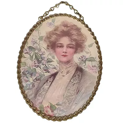 Vintage Victorian Woman W/ Flowers Hanging Art Brass Oval Flue Cover Frame 6x4.5 • $19.99