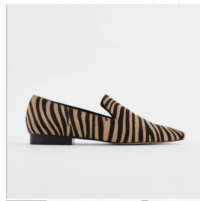ZARA Zebra Animal Print Sq Toe FLAT Slip On Leather Loafer Calf Pony Hair Shoe 6 • $49