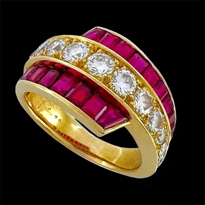 Van Cleef & Arpels 18K Yellow Gold Diamond Chanel Set Ruby Ring • $7500