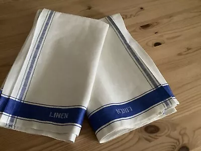 Unused Vintage Pair Pure Linen Glass Cloths Blue Border New Old Stock 24”/32” • £34.95