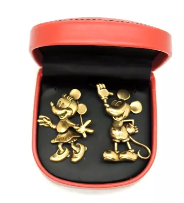 Disney Mickey & Minnie Mouse Gold Tone Pin Brooch Set Moveable Minnie W/Box HTF • $64.95