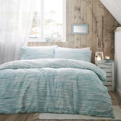 £18.99 • Buy Shore Coastal Seaside Stripe Spot Reversible Duvet Cover Set Duck Egg Double