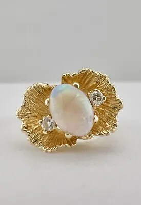 Vintage Modernist Brutalist 14K Yellow Gold Fire Opal & Diamond Organic Ring • $395