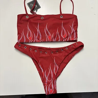Zaful Bikini Set Large Lace Up Back Red With Purple Flames NWT • $15