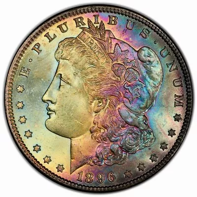 1896-P Morgan Dollar PCGS MS65 Gorgeous Tea Green Blue & Pink Rainbow Toned +Vid • $1890