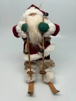 Vintage Santa Figure On Wooden Skis Burlap Sack Presents Velvet Fur Trimmed 7  • $29