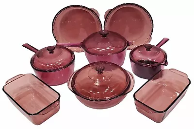 Set Of 12 Vision WARE Visions Corning PYREX Cranberry Glass Cookware W/ Lids • $199.99