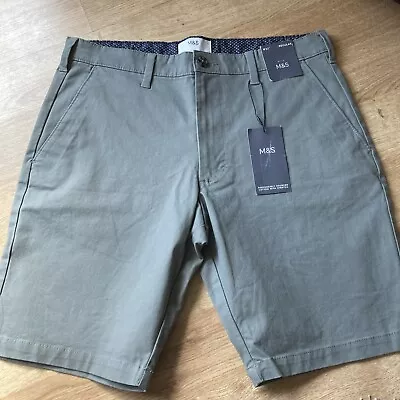 BNWT M&S Mens Cotton Stretch Chino Regular Fit Shorts . KHAKI 32 Waist • £12.99