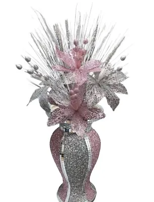£26.99 • Buy Crushed Diamonds Pink Silver Vase With Flowers Mosaic Romany Bling Decor 30cms