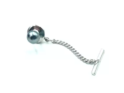 Vintage Silver Tone Simulated Gray Tahitian Pearl Tie Tack Chain Tie Bar • $14.11