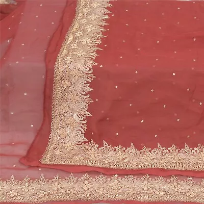 Sanskriti Vintage Dupatta Long Stole Pure Chiffon Silk Dark Red Hand Beaded Veil • $5