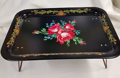 Vintage Metal TV Tray Black W Rose Floral Design ~ Folding Legs~Cal Dak?? • $18