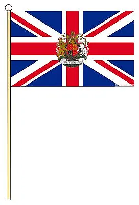 UNION JACK WITH ROYAL CREST 18  X 12  LARGE HAND WAVING COURTESY FLAG & POLE • £9.99